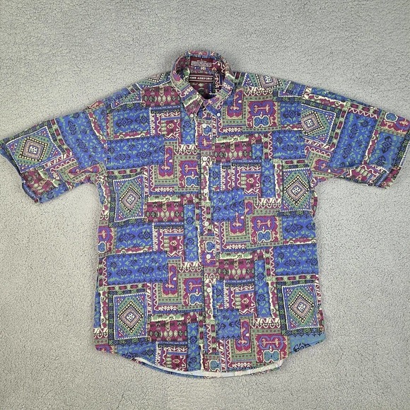 John Ashford Shirt Men's Large Multicolor Tribal Button Down Short Sleeve‎ - Picture 1 of 10